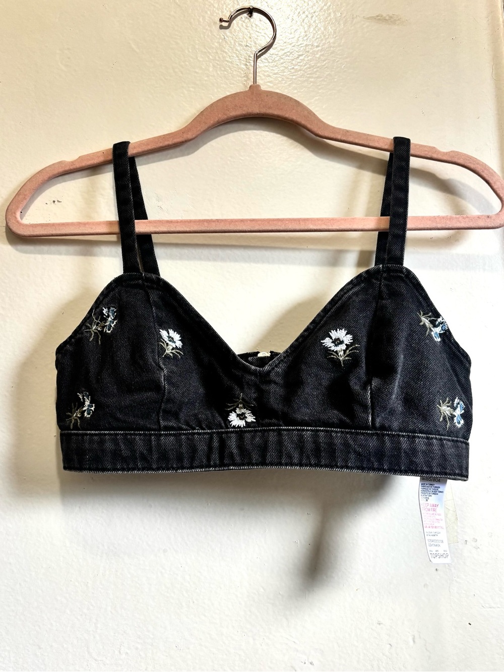 Topshop Black Denim Floral Embroidered Bralette